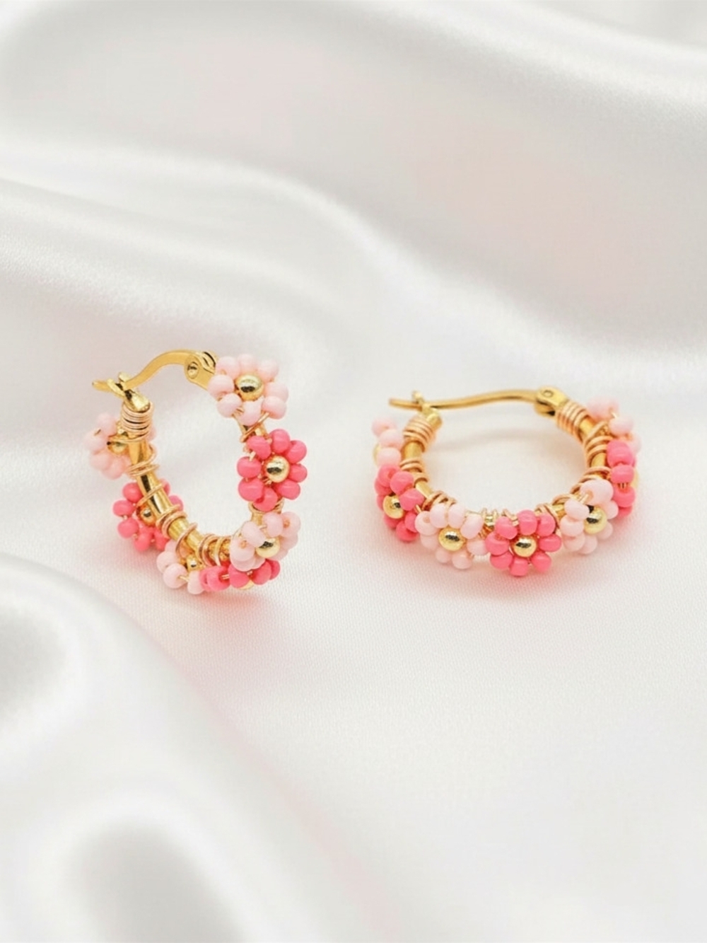 Boho‎ - Gold Hoop Earrings with Pink & Light Pink Flower Beads